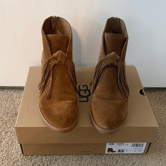 UGG W Corin- Tan Suede Fringe Ankle Boots - Picture 1 of 10